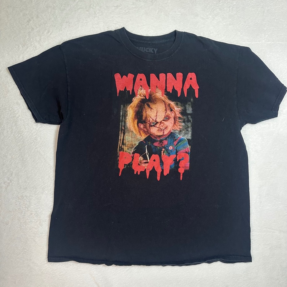 Chucky Wanna Play T-Shirt XL Black Horror Movie Graphic Tee Spencers Halloween